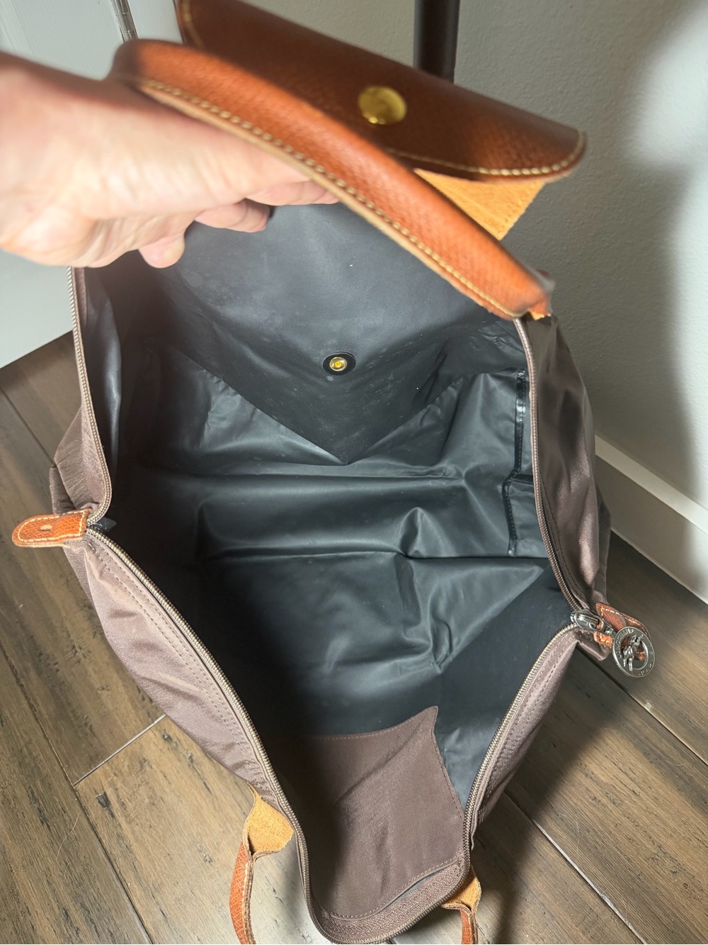 Longchamp Large Brown Nylon Tote with Tan Leather Trim - Picture 8 of 12